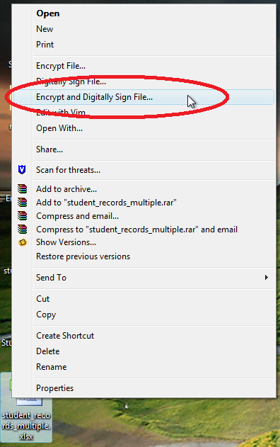 Right click on the file icon and click Encrypt and Digitally Sign File…
